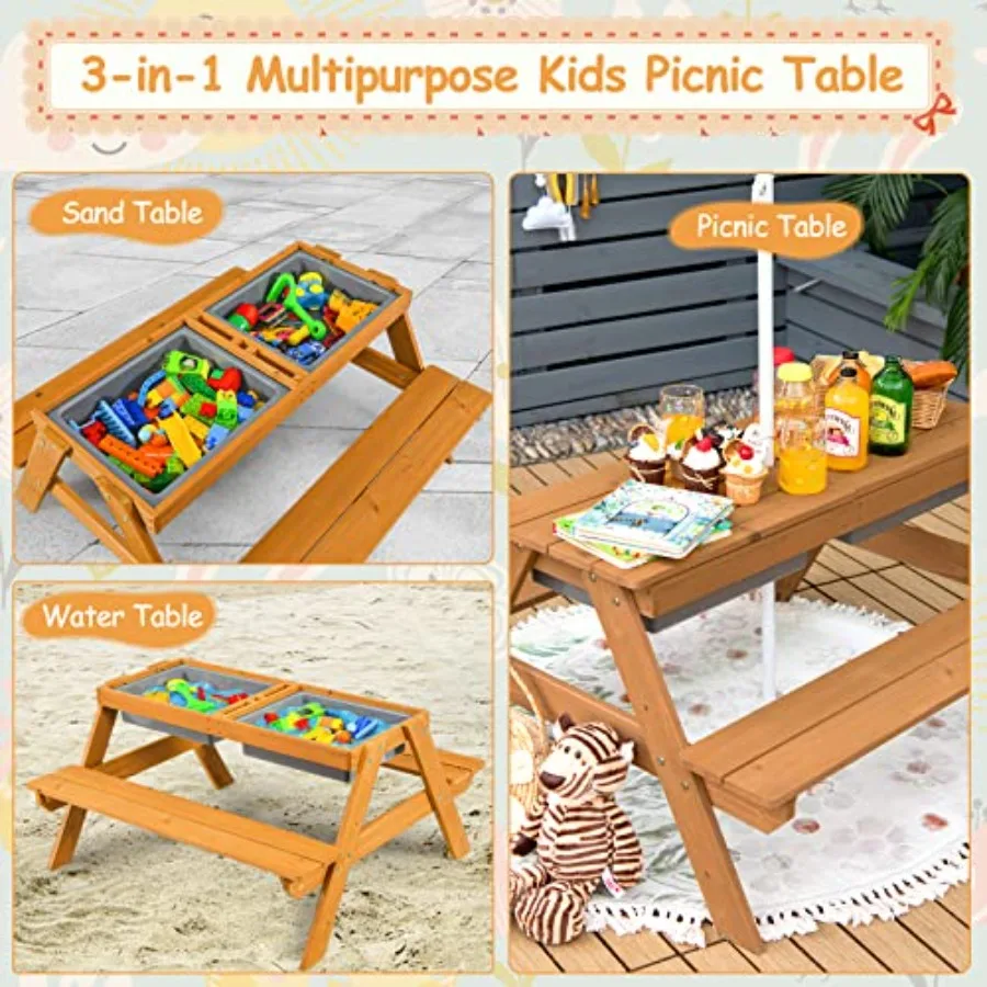 Picknicktisch für Kinder im Freien mit Sand- und Wasserspielbehältern, höhenverstellbarem Sonnenschirm und abnehmbarer Tischplatte – kleinkindgerecht_voghion.com