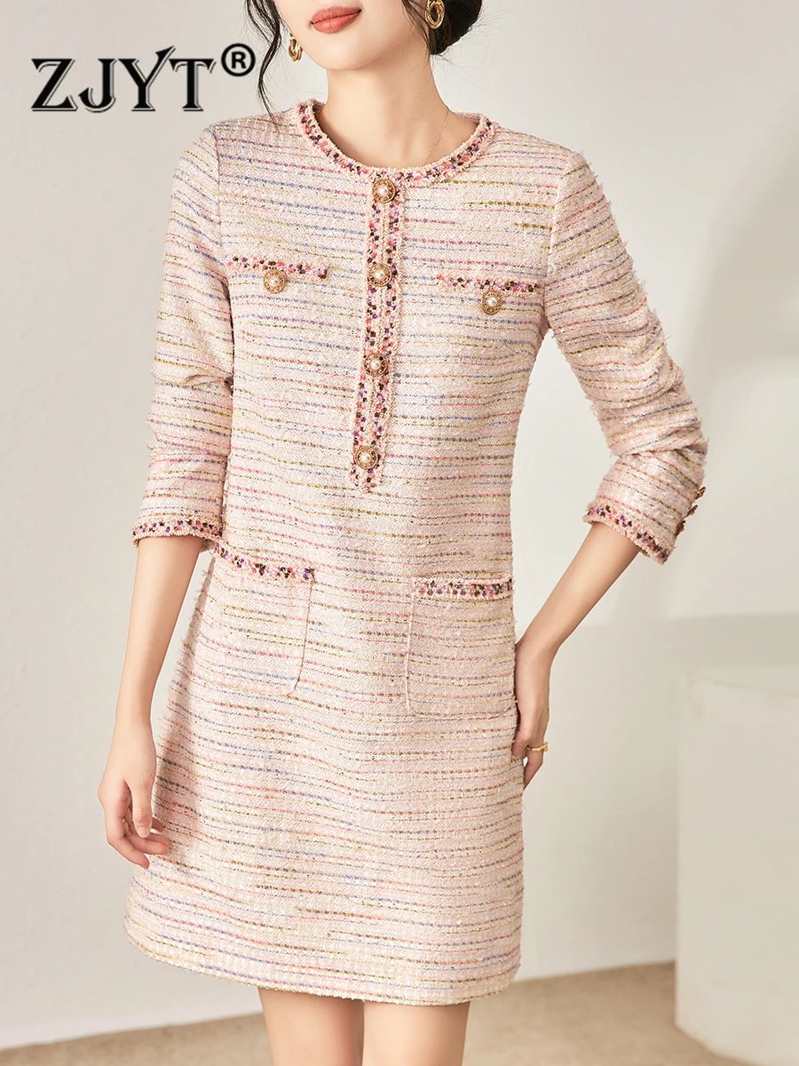 

ZJYT Autumn Winter Long Sleeve Tweed Woolen Dresses for Women 2023 Vestidos Para Mujer Feminino O Neck Above Knee Casual Robe