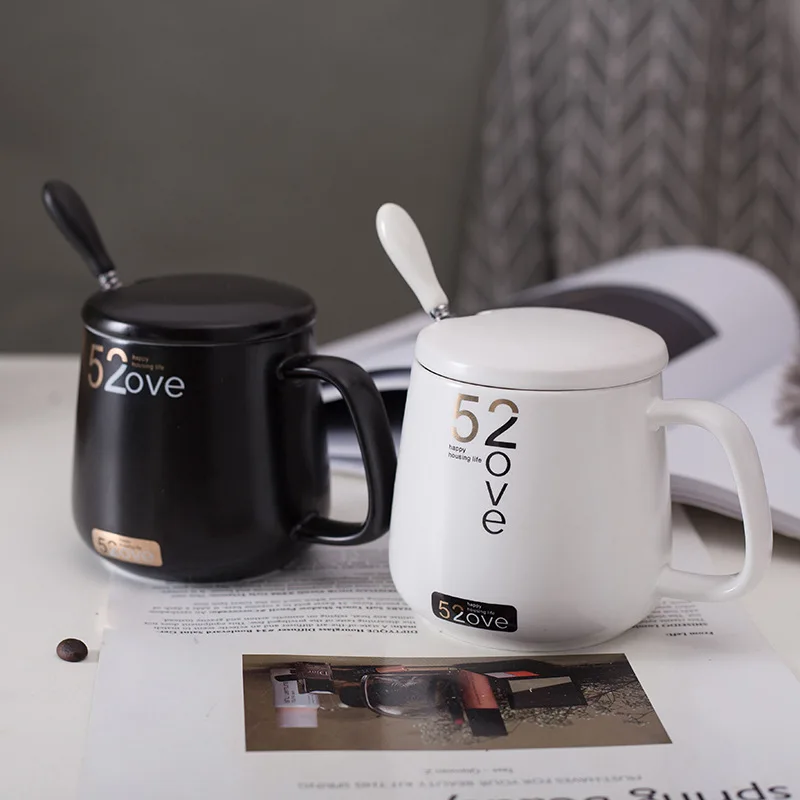 

Black White 520 Love Couple Mug Ceramics Coffee Cup With Lid And Spoon Brief Couple Cups Coffee Mug Home Office Milk Tea Mugs
