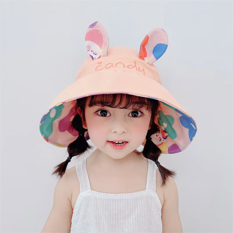 Регулируемая детская Панама, шляпа от солнца для девочек, детская Пустая Шляпа с милым Кроликом, детская пляжная шляпа с большими полями, шляпа, шляпа