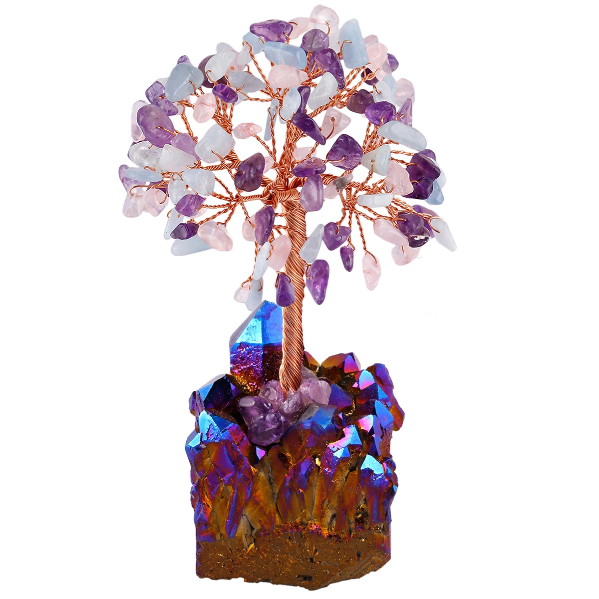Natural Amethyst Rose Quartz Luck Money Tree With Coating Rough Quartz Base Reiki Chip Mineral For Room Decor Ornaments DIY Gift