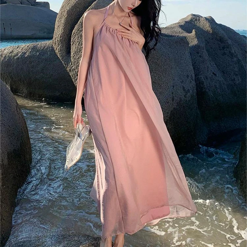 

2024 Beach Dress Seaside Vacation Women Dresses Travel Photo Women Halter Sexy Backless Hanging Neck Skirt