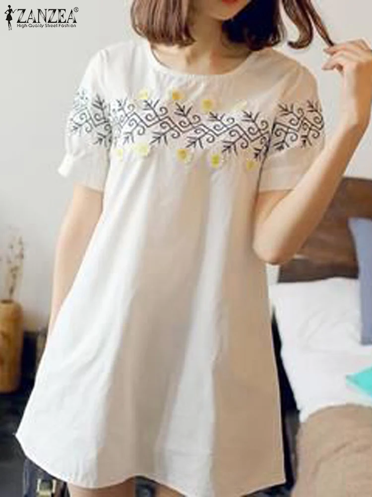

ZANZEA Casual Short Sleeve Mini Dress Summer Women 2024 Vintage Floral Print Vestidos Solid Round Neck Sundress Holiday Dresses