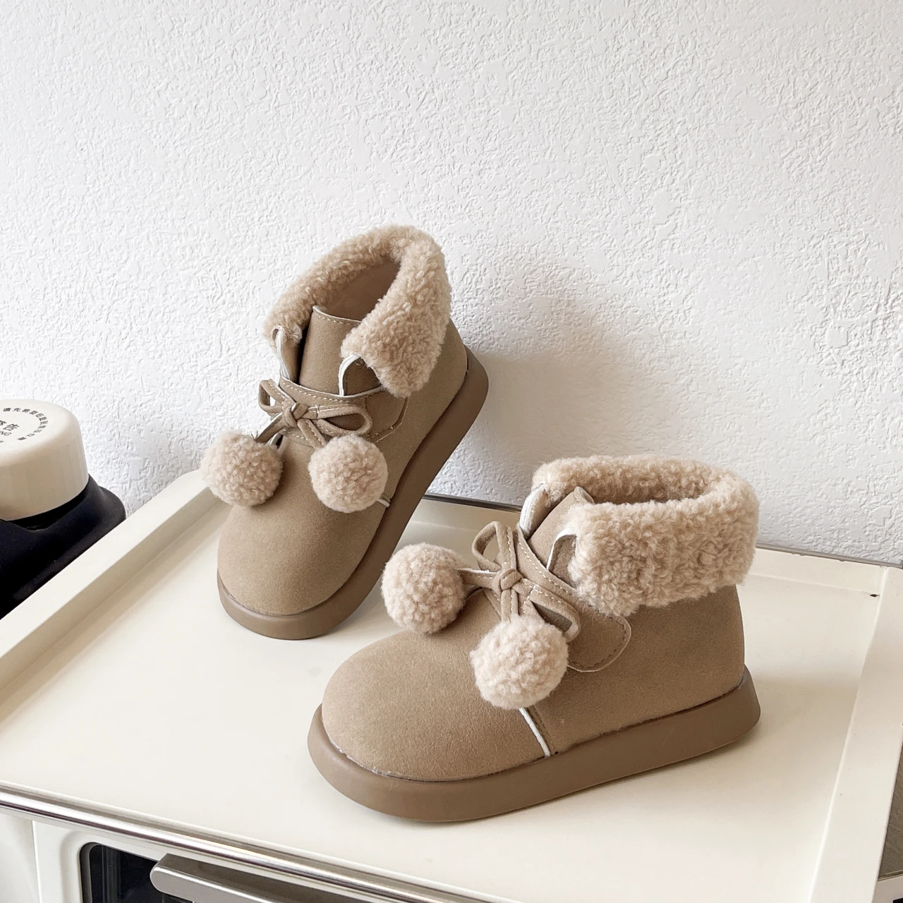 Leather Kids Boots with Plush Ball for Girls Autumn Winter