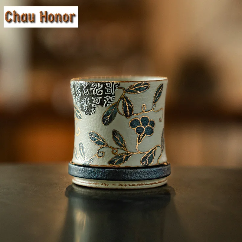 80ml Blue And White Flint Red Rotating Cup Handmade Gold Drawing Entwined Lotus Teacup Relief Woman Host Water Jug Coffee Mugs