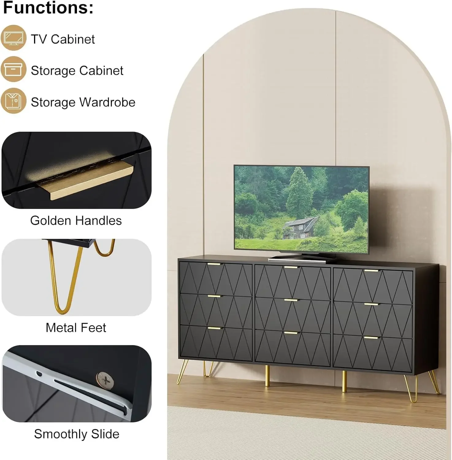 Description Picture 5 of itemDresser for Bedroom,Modern 9 Drawer Triple Dresser with Gold Accents,Long Storage Dresser for TV Stand & Closet