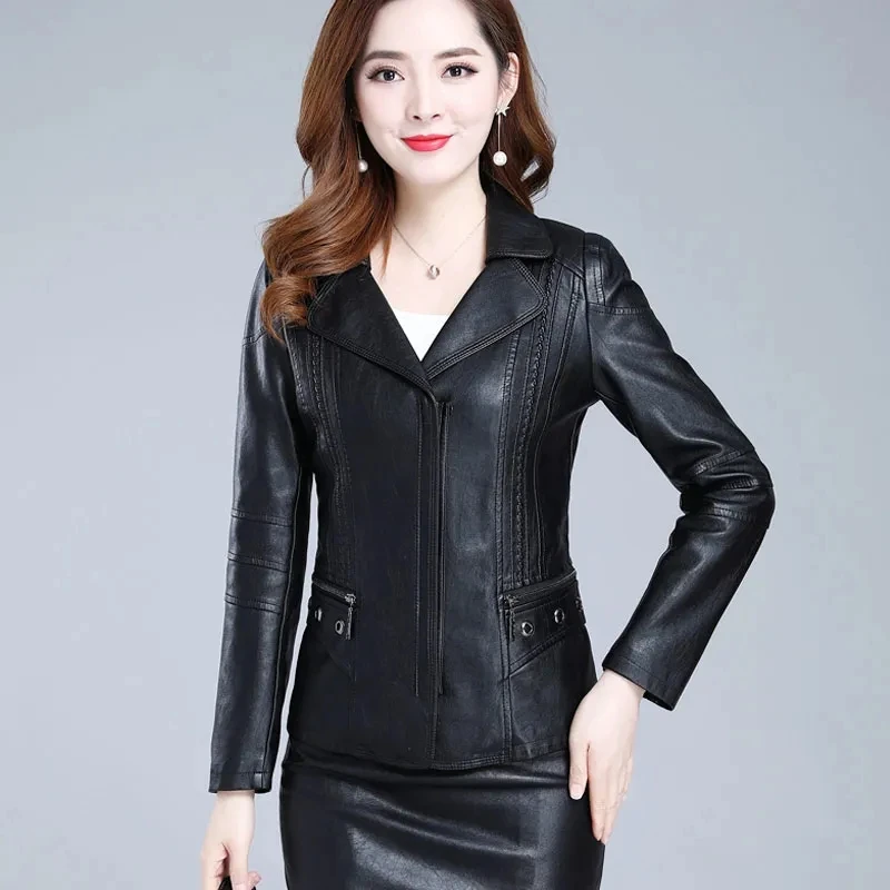 

Women Faux Leather Jackets Spring Korean Fashion Slim Black Lapel PU Leather Coats Winter Velvet Short Jacket Female Outerwear
