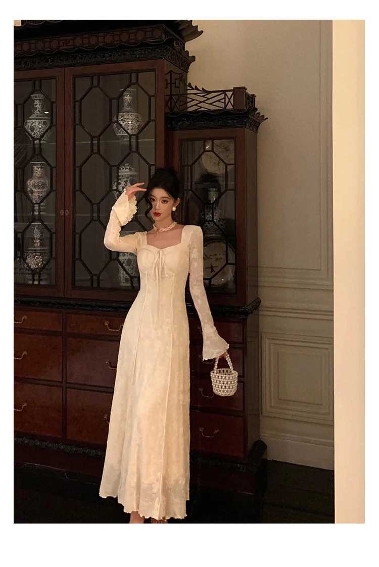 Women's Solid Midi Dress Flare Sleeves Square Collar A-Line Lace Up Autumn Spring French Elegant Vintage Prom Robe Vestidos New
