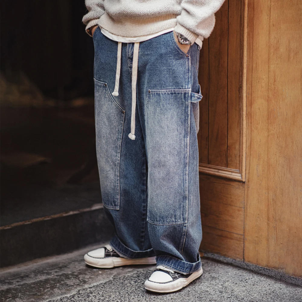 Maden Vintage Double-knee Lumberjack Jeans Washed Distressed Loose Wide-leg Pants for Men with Elastic Waist Drawstring Trousers