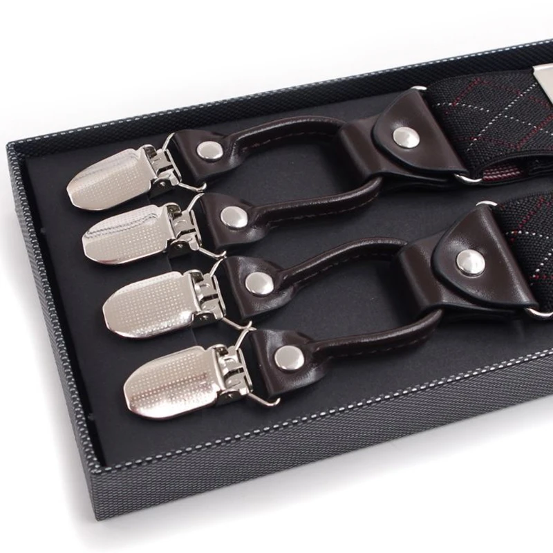 

Men Black Plaid Y-Shape Suspender With Non-Slip 6 Clips Elastic Adjustable Brace Drop shipping