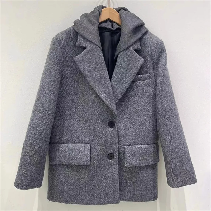 Women blazer women's blazer winter high-quality wool blend women's suit jacket Shoulder pad slim fit hood Women's coat