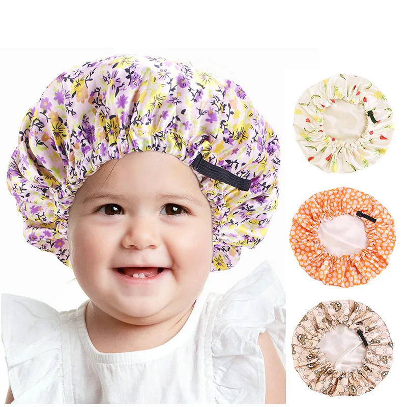 Adjustable Satin Silk Bonnet for Baby Sleep Cap Children Flower Print Satin Nightcap Girl Wash Makeup Cap Kid Sleep Night Bonnet