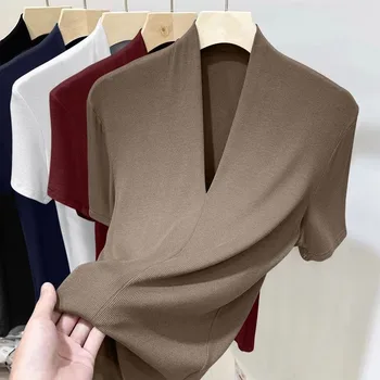Summer Threaded Women's Short-sleeved T-shirt Fashion Versatile Base Shirt Plus Size Slim Fit V-neck T-shirt Casual and Sexy Top 1