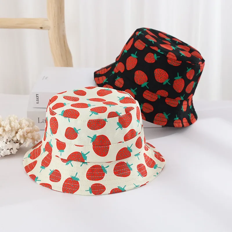 Childen Summer Bucket Hat Cute Strawberry Pattern Brim UV Protection Fisherman 2-8Years Baby Girls Boys Kids Panama