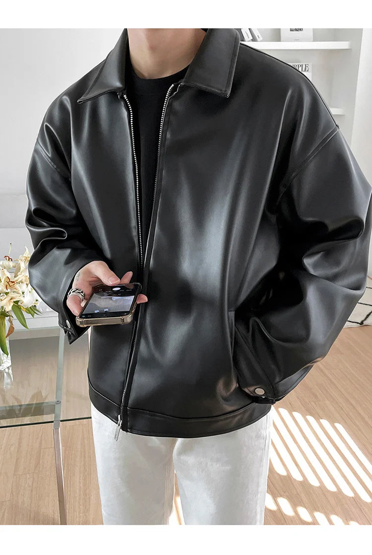 

Spring Autumn Cool Luxury Short Black Soft Light Pu Leather Jacket Men Zipper Casual Mens Jackets and Coats Fashion