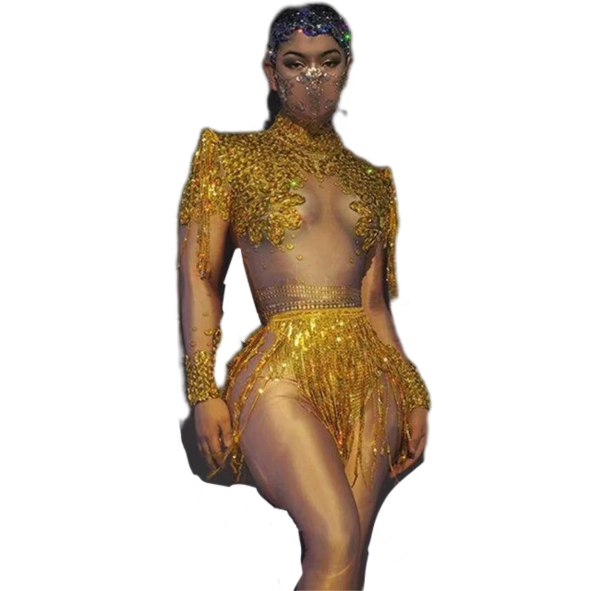 

Sexy Latin Dance Tassel Bodysuit Costume Gold Silver Sequin Fringe Spandex Long Sleeve Stretch Leotard Women Stage Wear