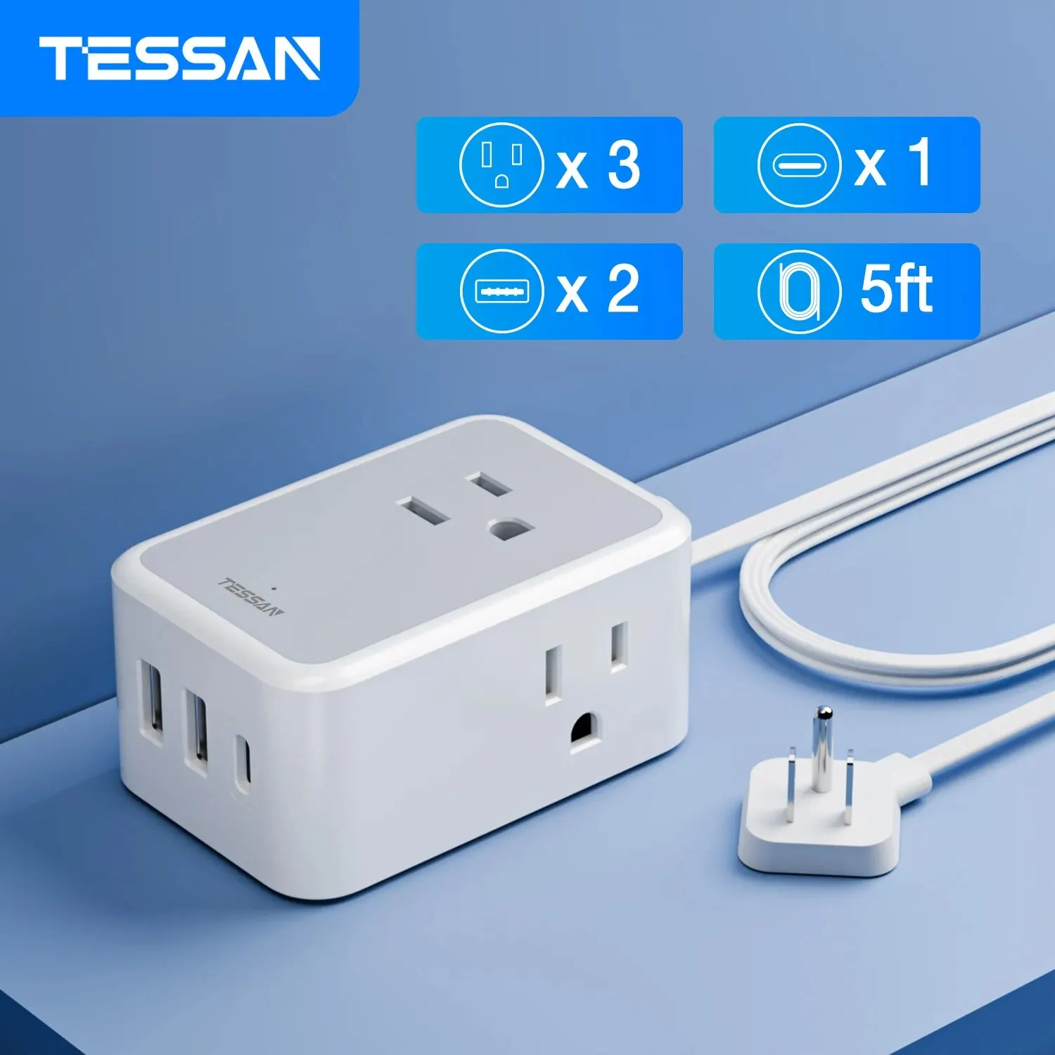 TESSAN 소형 플랫 플러그 멀티탭, 콘센트 3 개, USB 포트 2 개, C타입 1 개, 여행용 소켓, 5ft 초박형 익스텐션 코드, 6 in 1