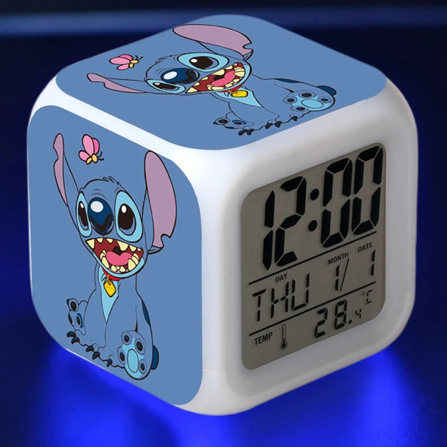 Reloj despertador de Stitch de dibujos animados de Disney, luz LED Digital  que cambia de Color