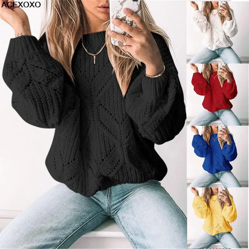 

Autumn/Winter loose solid color head set OL Commuter hollowed-out sweater collar fashion plus size sweater for ladies