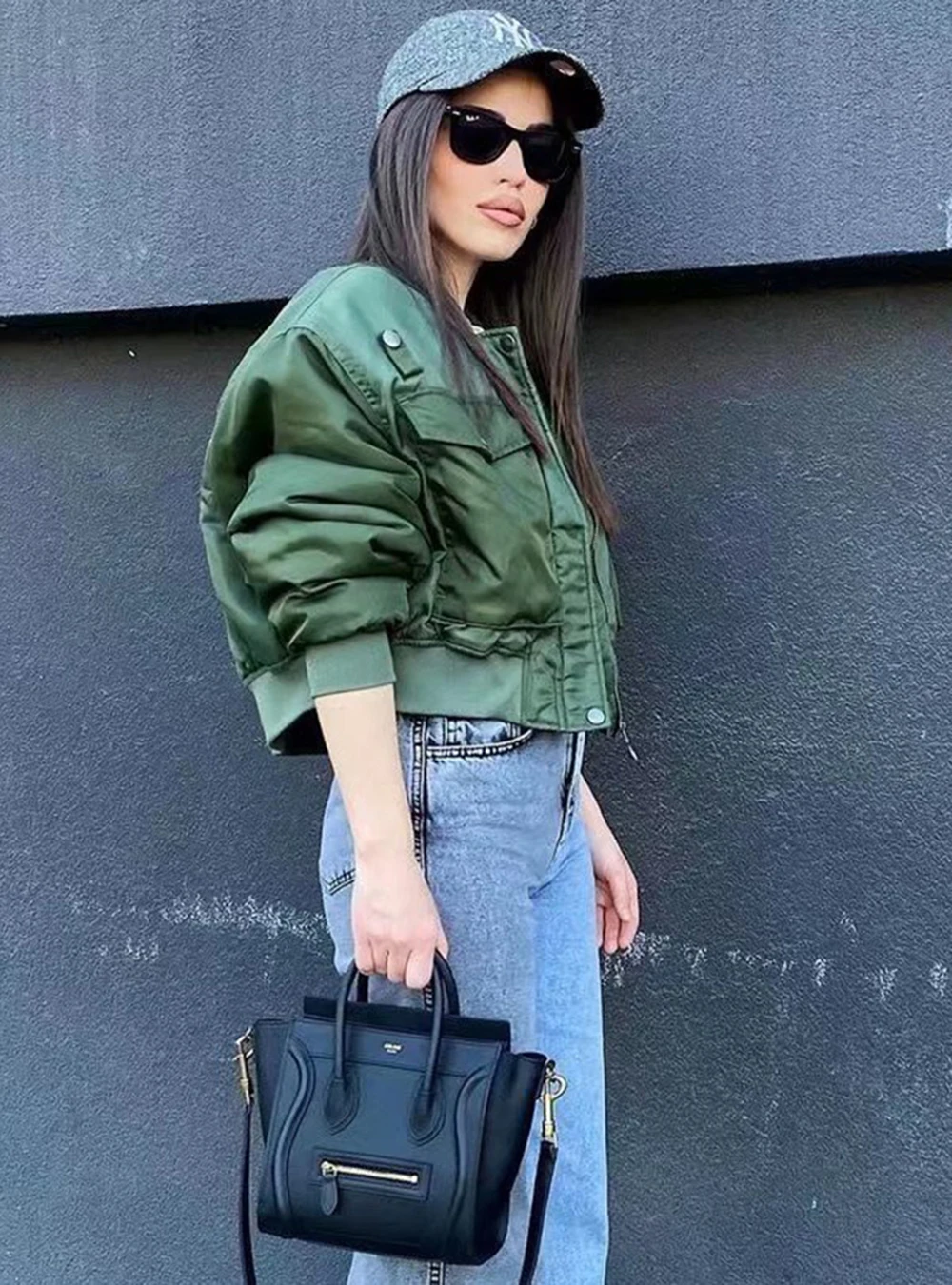 Sf4743450c494482f88fc2d7c50699945T Women's Fashion Aviator Jacket Army Green Round Neck Long Sleeve Pockets Warm Jacket Autumn and Winter Women's Short Jacket Mallzona