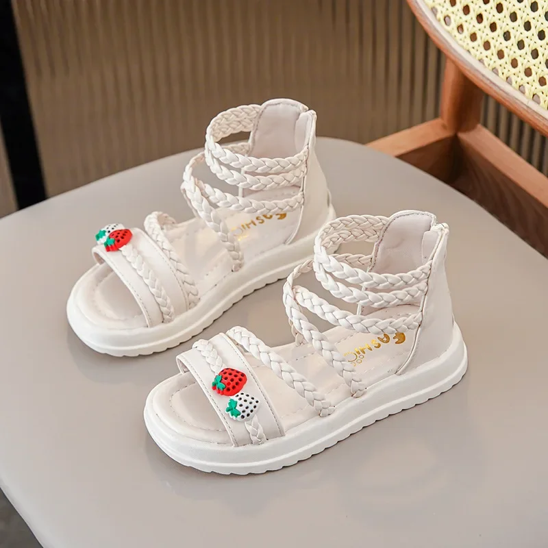 Kids Girls GLADIATOR Sandals Open Toe Knitted Strawberry Summer Non Slip Flat Fashion Children Casual Shoes Roman Shoes Simple