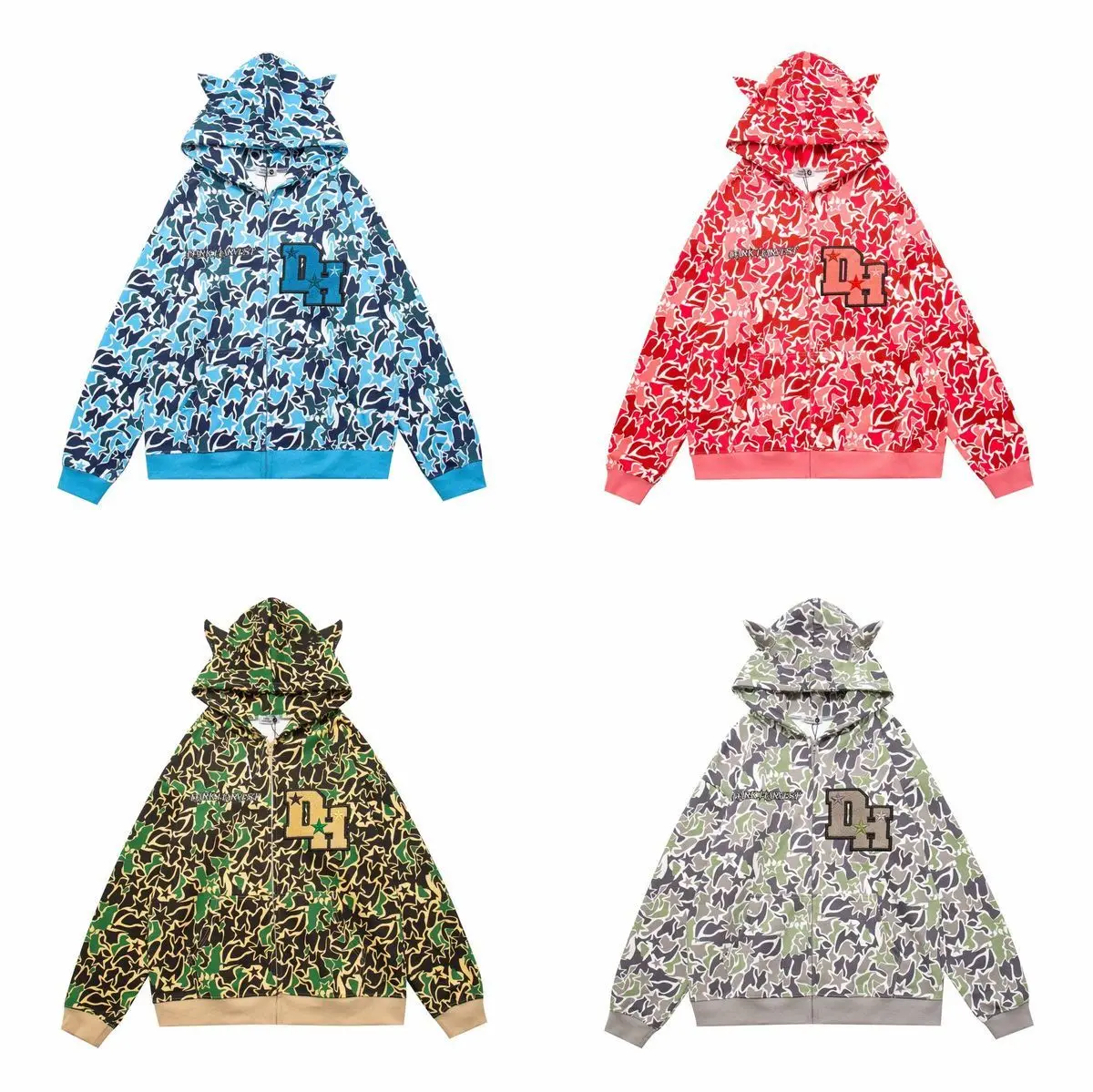 Harajuku camouflage demon zip hoodies embroidery letter printing sweater American y2k clothes goth sweatshirt oversized hoodie