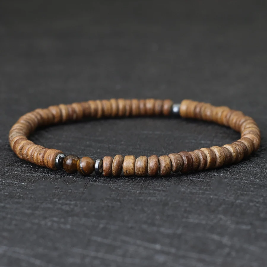 Natural Coconut Bead Mens Bracelet with Tiger Eyes Stone