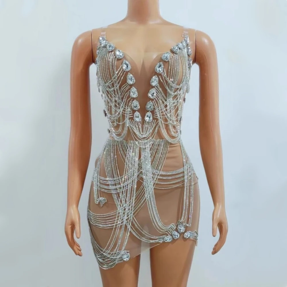 

Luxury Rhinestones Sparkling Tassel Chain Sexy Strapless Sheath Mini Dress Celebrate Evening Party Club Singer Stage Costume