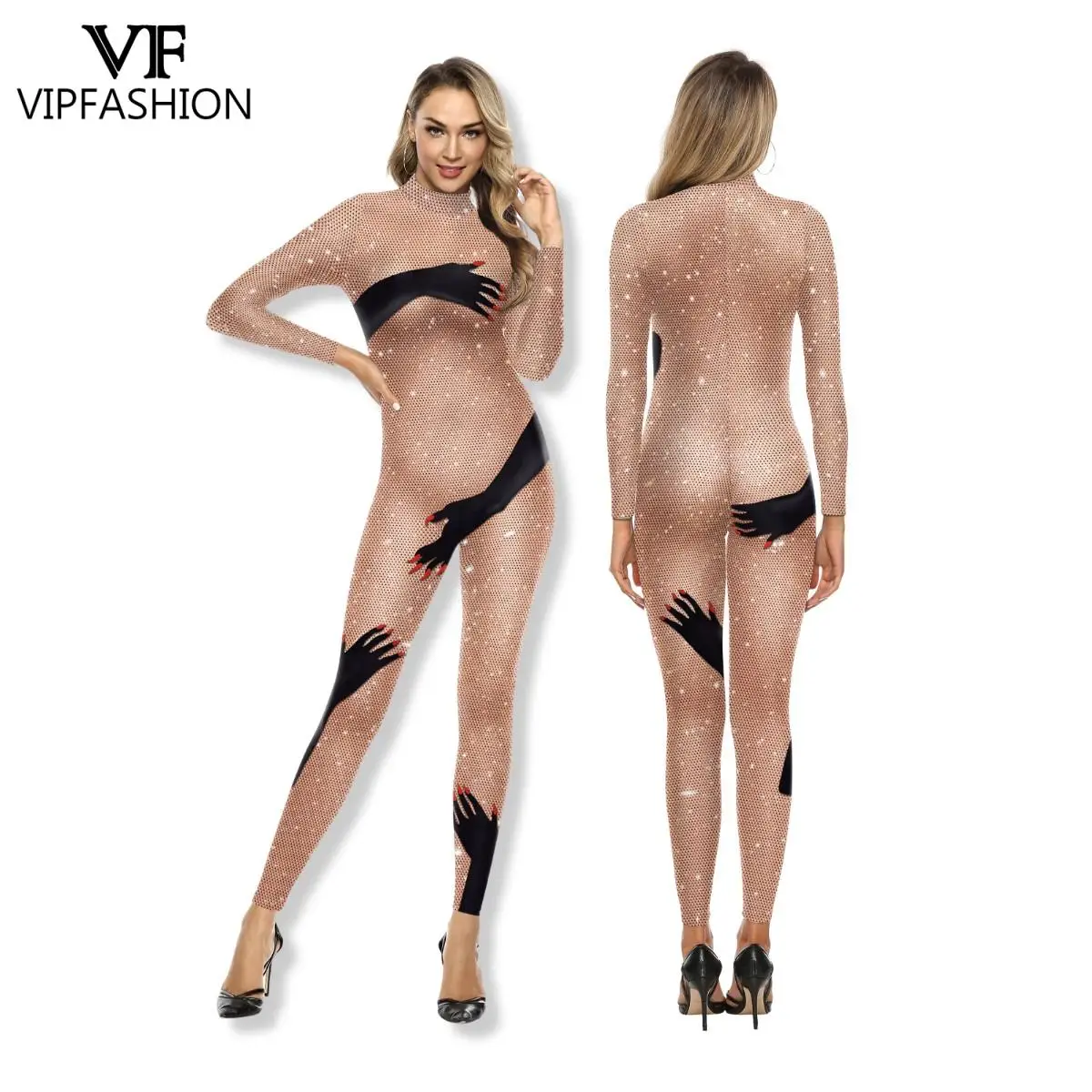 VIP FASHION Beaded Mesh Jumpsuit Woman Sexy Catsuit Holiday Cosplay Costume Party Disguise Oufit Female Zentai Bodysuit