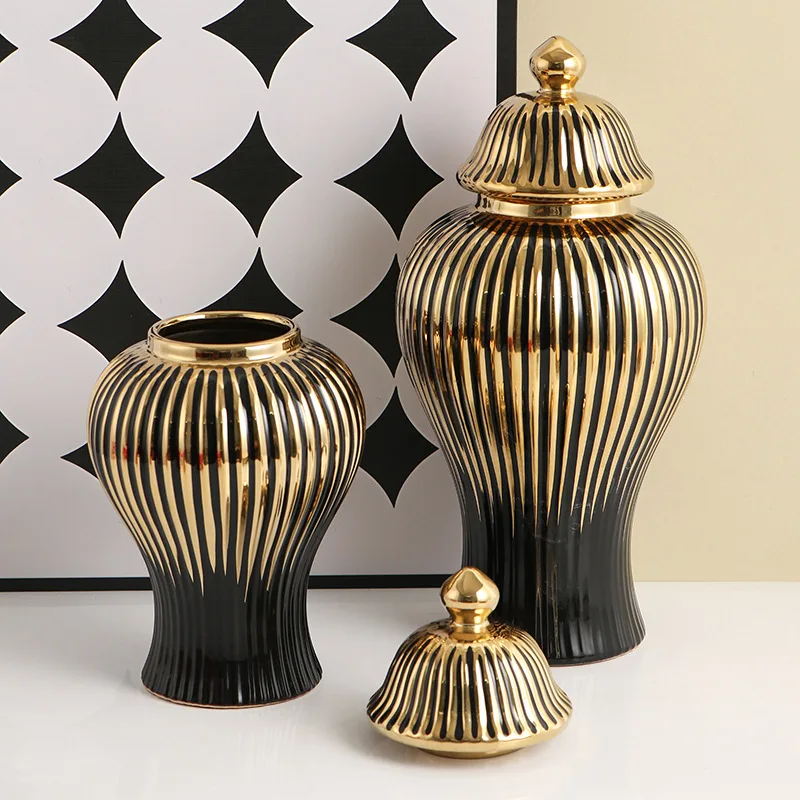 Ceramic Checkmate Jar Flower Vase Black Ginger Jar Gold-rimmed Storage Tank Porcelain Handicraft Floral Arrangement Accessories 3
