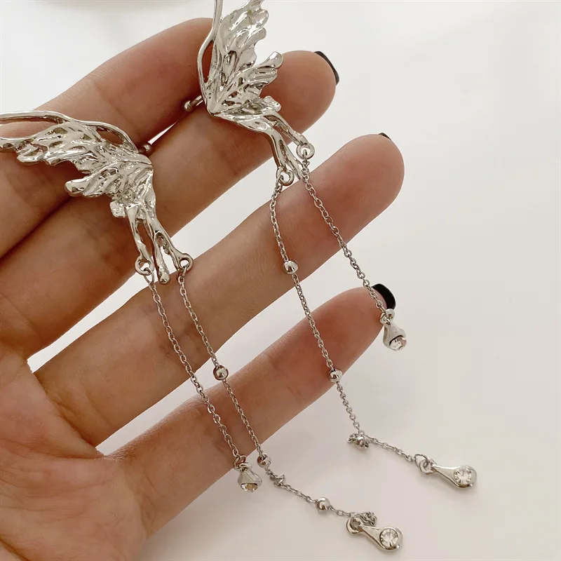 Angel Wings Liquid Metal Butterfly Tassel Ear Cuff Non Piercing Earrings Trendy Punk Design Female Long Ear Clip Jewelry ear clip earrings,clip earrings,ear clip