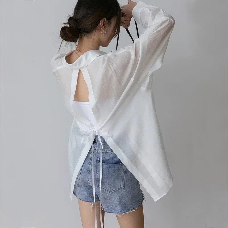 

Korean Sunscreen Shirt Women 2023 Summer Clothes Fashion Bandage Blouses Elegant Loose Long Sleeve See Through White Tops