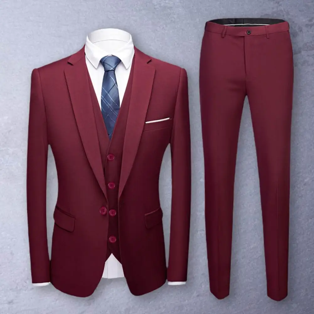 Men Simple Business Elegant Fashion Job Interview Gentleman Suit Slim 3-piece Suit (Blazer+ Waistcoat + Trousers)