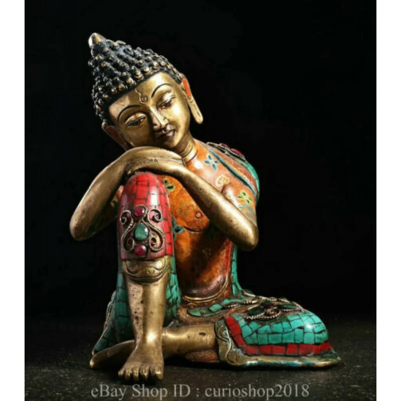 

9.6"Old Tibet Bronze inlay Turquoise Gem Gilt Buddhism Shakymuni Buddha Statue