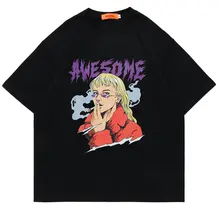 

T Shirt for Men Smoking Cool Girl Anime Print Cotton O-neck Fashion Top Men's Clothing Harajuku Streetwear Oversized T-shirt Men