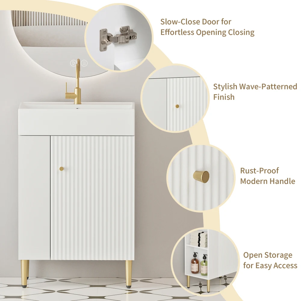 21.6" Open-shelving Bathroom Vanity With Ceramic Sink And Soft-Closing Door, Cloakroom Open Shelf Storage Cabinet On The Left Si 5