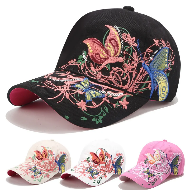 Gorra de béisbol bordada con mariposas para mujer, gorro de algodón con Cierre trasero, informal, para exteriores, protección solar, para correr