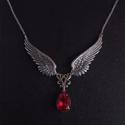 Silver Plated Heart and Angel Wings Pendant Necklace - Vintage Statement Jewelry (Red)