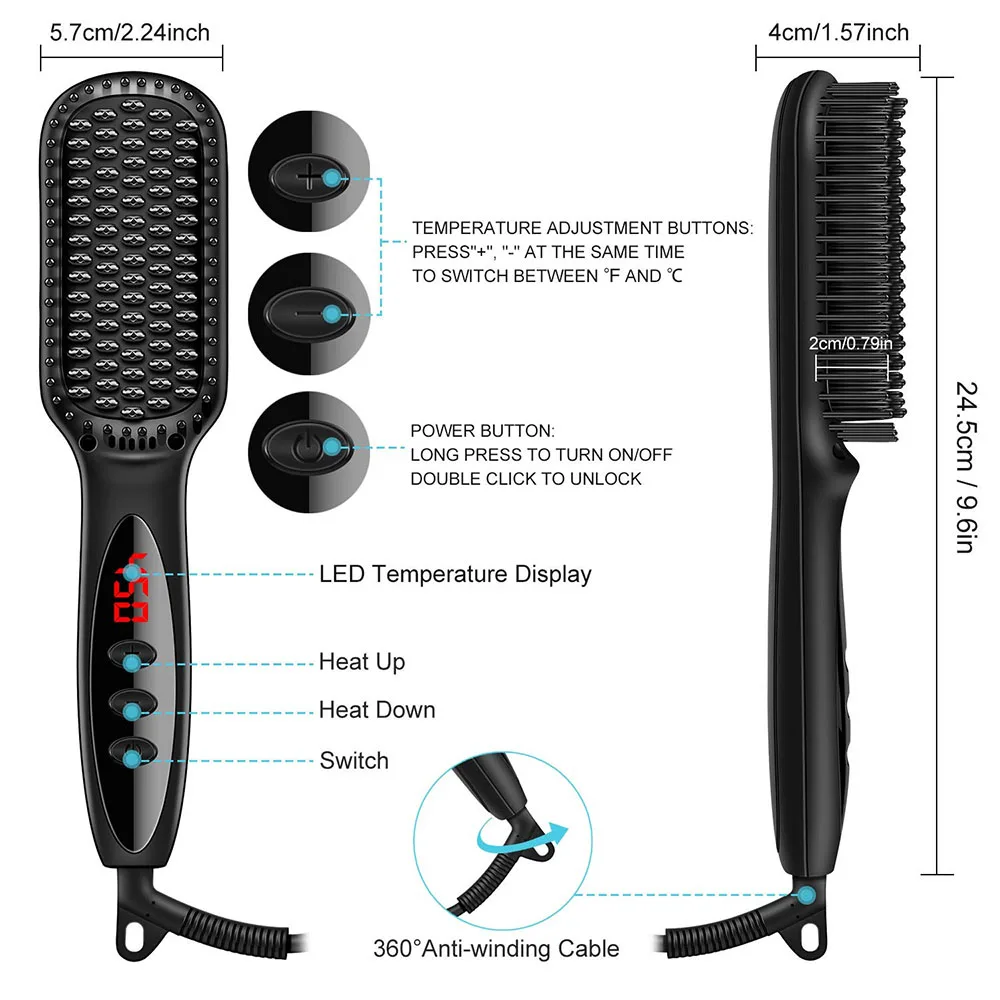 Hair Straight Comb LED Temp Display Anti-scald Structure Design Function Electric Brush PTC Heating Straightener 360 Rotatable