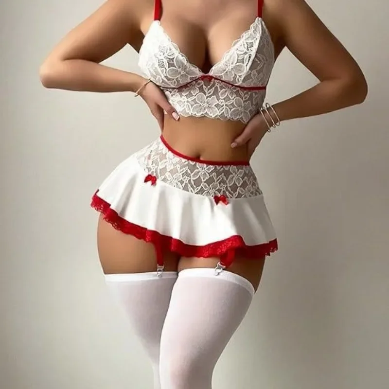 Sexy Christmas Gift Women Cosplay Costume Transparent Lace Lingerie Underwear Red White Dress Erotic Set