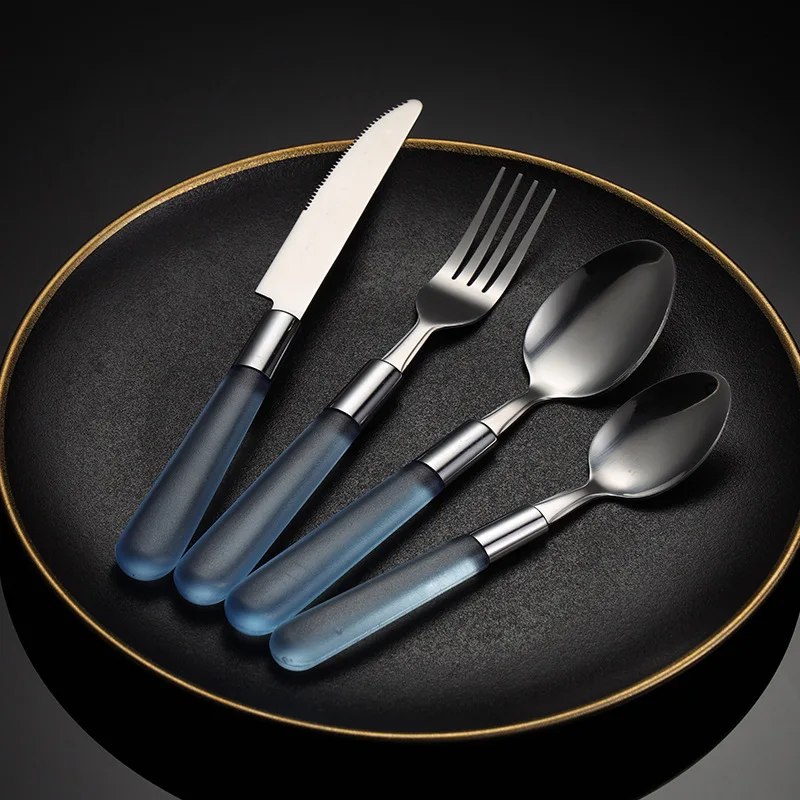 Stainless Steel Cutlery Plastic Handle Western Tableware Steak Knife Dinner Fork Teaspoon Serving Spoons Dinnerware