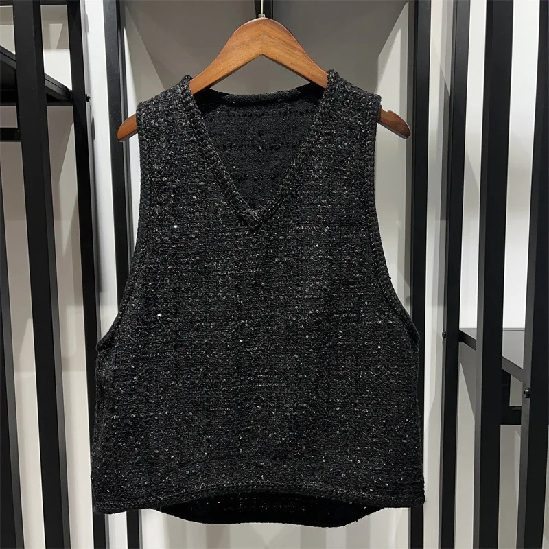 

Sweater Vest Classic V-neck Sequin Embellished Plaid Waistcoat for Women