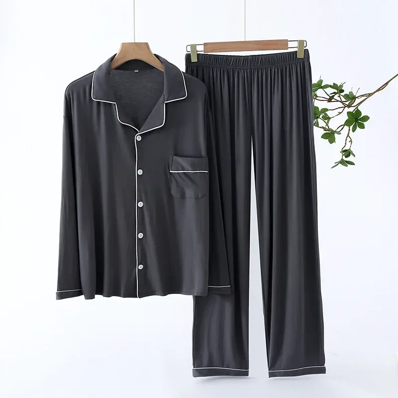 Trouser Pajamas Sets Men Spring Autumn Long Sleeve Modal Thin Plus-Sized Homewear Suit Solid Colors Pyjama Men Sets pajamas set man pajamas set