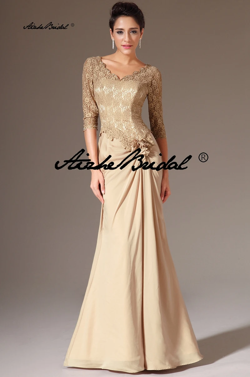 

Elegant V Neck Backless Mother Of The Bride Dresses Pleated Flower Half Sleeves Long Evening Party Gowns for Wedding