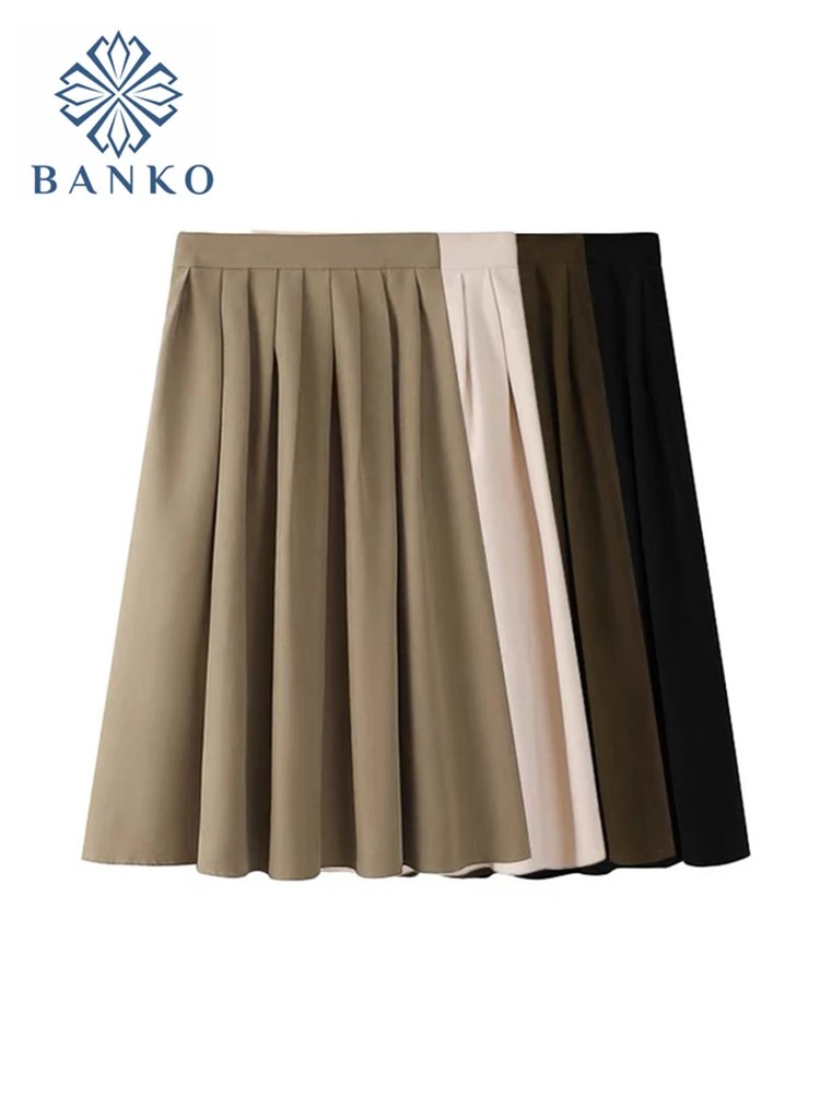 slazenger skort Solid Color Long Pleated Skirt Female  Fashion Vintage All-Match Women Jupe Spring Elegant Chic Ladies High Waist A line Skirt a line skirt