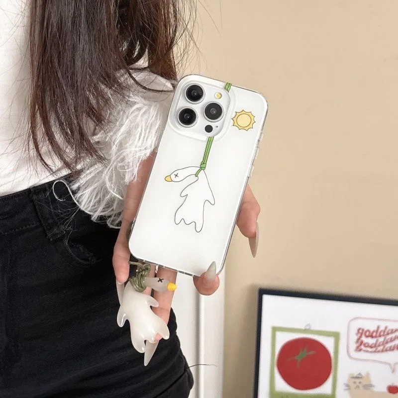 Elegant Roast Duck Double Acrylic Phone Case with Pendant - White