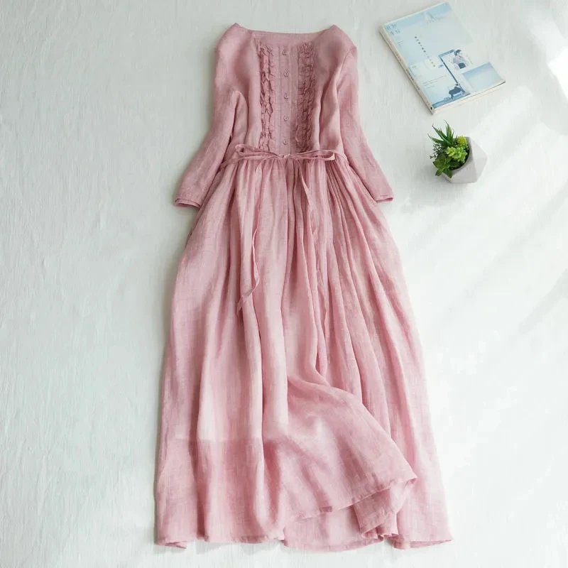 

2024 New cotton linen Short Sleeve Vintage Summer Dress sashes Slim Elegant Lady Work Dress Women Casual Midi Dress