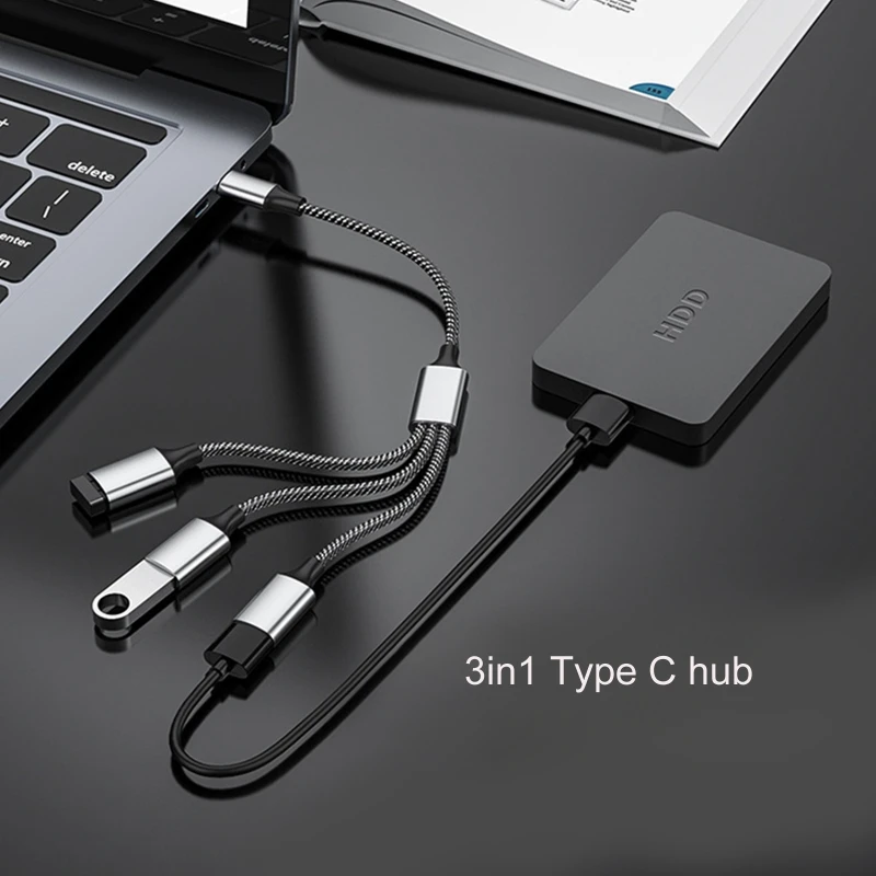 멀티포트 USB C 허브 3 in 1 Type C USB2.0 어댑터, 60W PD USB C 고속 충전+데이터 전송 분배기 53CF