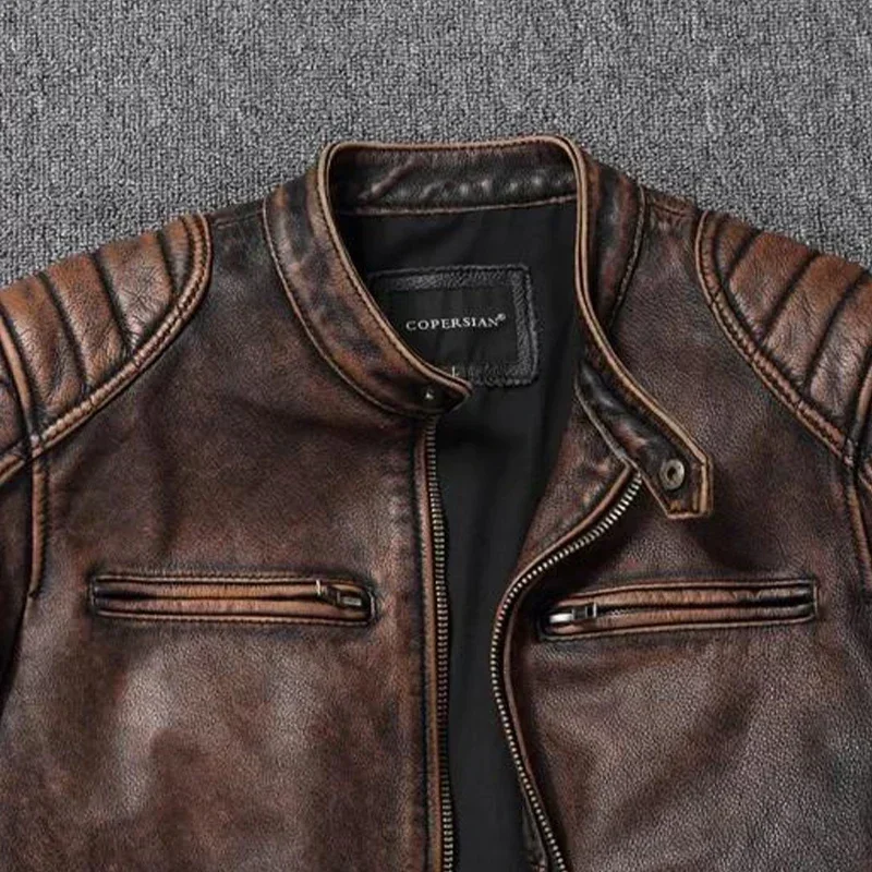 Vintage Real Cowhide Leather Jacket for Men Motorcycle