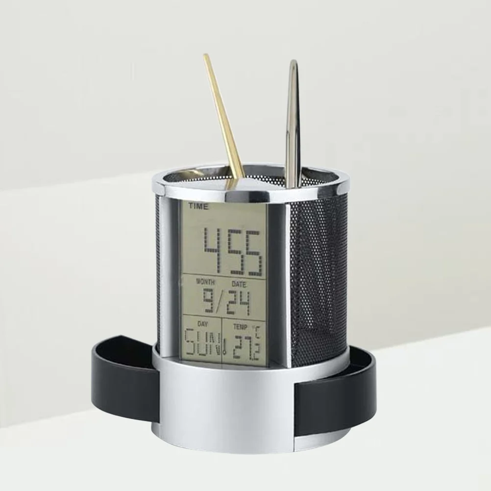 

Clock Pen Holder for Desk Organizer Calendar Container Fashion Date Time Display Penholder